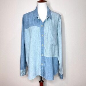 FAHERTY Autumn Tried & True Patchwork Button Up Shirt Womens XXL Lyocell Linen